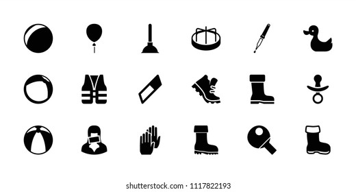 Rubber icon. collection of 18 rubber filled icons such as boot, child playground carousel, eraser, plastic ball, censored woman. editable rubber icons for web and mobile.