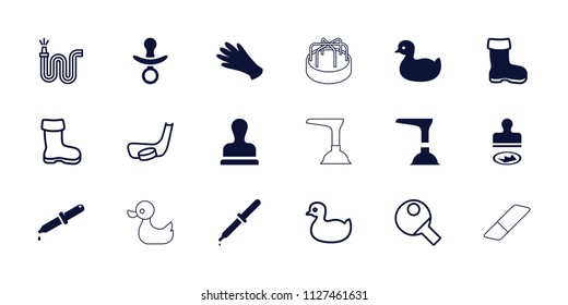Rubber icon. collection of 18 rubber filled and outline icons such as boot, duck, gloves, water hose, hockey stick and puck. editable rubber icons for web and mobile.