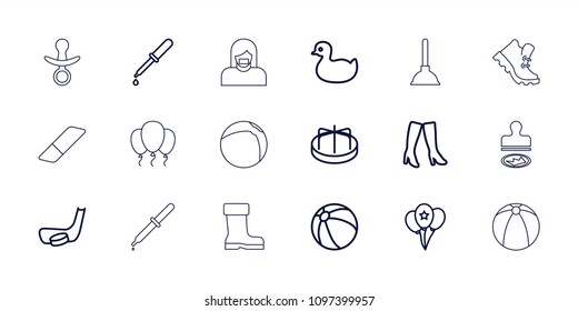 Rubber icon. collection of 18 rubber outline icons such as duck, beach ball, child playground carousel, woman boots, pipette. editable rubber icons for web and mobile.