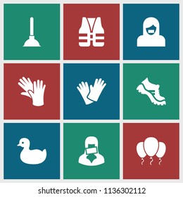 Rubber icon. collection of 9 rubber filled icons such as duck, boot, gloves, censored woman, life vest, plunger. editable rubber icons for web and mobile.