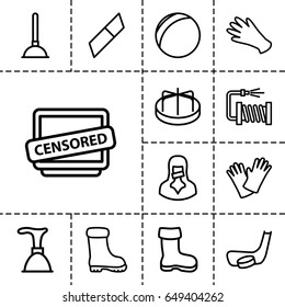 Rubber icon. set of 13 outline rubber icons such as boot, child playground carousel, gloves, plunger, water hose, censored woman, censored, hockey stick and puck, eraser