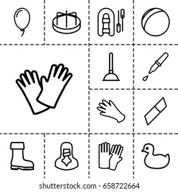 Rubber icon. set of 13 outline rubbericons such as duck, child playground carousel, glove, gloves, plunger, boot, censored woman, pipette, balloon, eraser, plastic ball