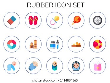 Rubber Icon Set. 15 Flat Rubber Icons.  Simple Modern Icons About  - Eraser, Float, Flip Flops, Toy, Pacifier, Pipette, Enema, Sandals, Tire, Beach Ball, Baby, Newborn, Bib