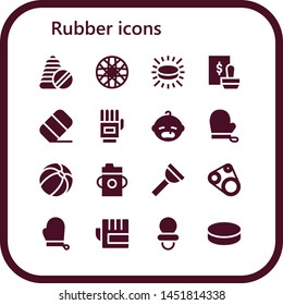 rubber icon set. 16 filled rubber icons.  Collection Of - Toys, Spoke wheel, Puck, Stamp, Eraser, Gloves, Baby, Beach ball, Feeding bottle, Plunger, Timing belt, Dummy