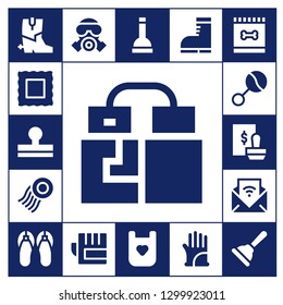  rubber icon set. 17 filled rubber icons.  Simple modern icons about  - Boots, Stamp, Gloves, Rattle, Feed, Sandals, Gas mask, Plunger, Bib