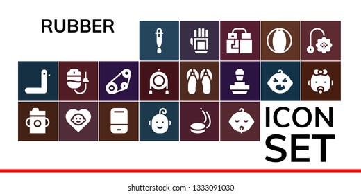 rubber icon set. 19 filled rubber icons.  Simple modern icons about  - Dropper, Duck, Feeding bottle, Baby, Eraser, Puck, Timing belt, Toy, Sandals, Stamp, Glove, Gloves, Beach ball