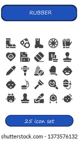 rubber icon set. 25 filled rubber icons.  Collection Of - Boots, Timing belt, Boot, Spoke wheel, Gloves, Baby, Stationery, Eraser, Stamp, Eyedropper, Rattle, Toys, Puck, Plunger