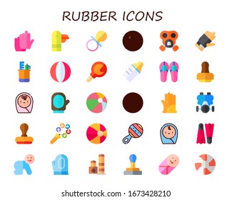 Rubber Icon Set. 30 Flat Rubber Icons. Included Gloves, Duck, Pacifier, Gas Mask, Stationery, Beach Ball, Enema, Baby Bottle, Sandals, Stamp, Baby, Glove, Rattle, Flippers Icons