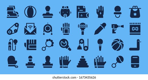 rubber icon set. 32 filled rubber icons. on blue background style Simple modern icons such as: Boots, Timing belt, Pipette, Gloves, Beach ball, Feed, Stamp, Toy, Rattle, Baby