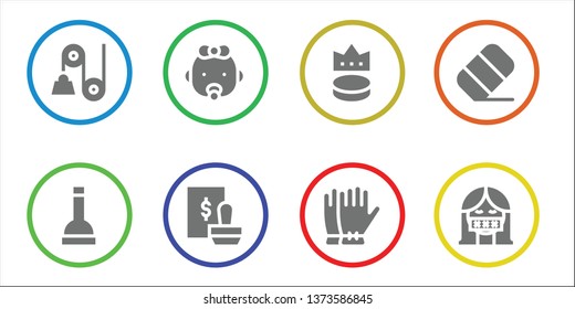 rubber icon set. 8 filled rubber icons.  Collection Of - Pulley, Plunger, Baby, Stamp, Puck, Gloves, Eraser, Censor