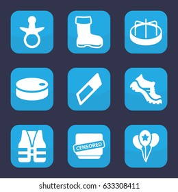 Rubber icon. set of 9 filled rubber icons such as boot, pacifier, child playground carousel, censored, balloon, hockey puck, life vest