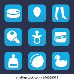 Rubber icon. set of 9 filled rubber icons such as stamp, pacifier, duck, woman boots, censored, balloon, hockey puck, table tennis