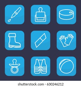 Rubber icon. set of 9 outline rubber icons such as stamp, pacifier, boot, gloves, pipette, life vest, hockey puck, eraser