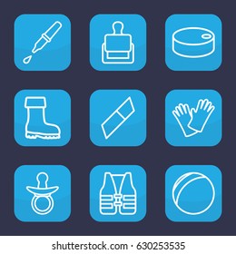 Rubber icon. set of 9 outline rubber icons such as stamp, pacifier, boot, gloves, pipette, life vest, hockey puck, eraser