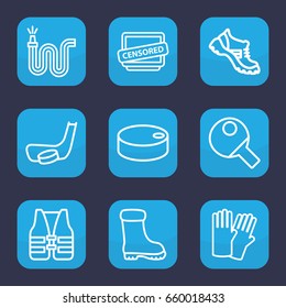 Rubber icon. set of 9 outline rubber icons such as glove, boot, water hose, censored, life vest, hockey puck, hockey stick and puck