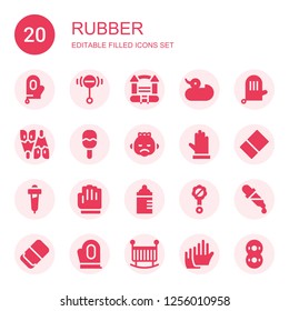 rubber icon set. Collection of 20 filled rubber icons included Glove, Rattle, Bouncy castle, Duck, Flipper, Baby, Gloves, Eraser, Pipette, Feeding bottle, Dropper, Crib, Inflatable