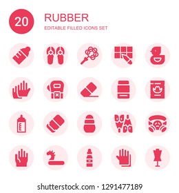 Rubber Icon Set. Collection Of 20 Filled Rubber Icons Included Baby Bottle, Sandals, Rattle, Pipette, Ducky, Gloves, Eraser, Wanted, Feeding Bottle, Toy, Flipper, Gas Mask, Inflatable