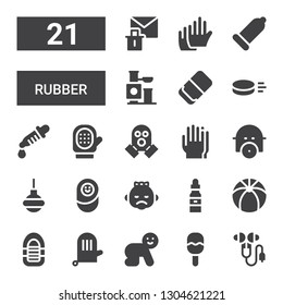 rubber icon set. Collection of 21 filled rubber icons included Ear protection, Rattle, Baby, Glove, Inflatable boat, Beach ball, Dropper, Newborn, Enema, Gas mask, Gloves, Puck