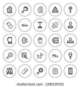 Rubber icon set. collection of 25 outline rubber icons with balloon dog, bib, dummy, flippers, glove, dropper, gloves, eraser, inflatable, rattle icons. editable icons.