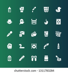 rubber icon set. Collection of 25 filled rubber icons included Dropper, Eraser, Sandals, Inflatable boat, Tire, Inflatable, Gloves, Glove, Erase, Wanted, Duck, Crib, Baby, Flippers