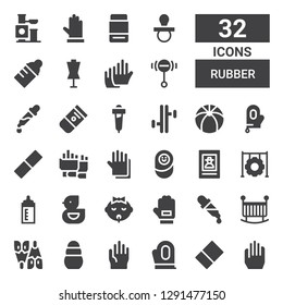 rubber icon set. Collection of 32 filled rubber icons included Gloves, Eraser, Toy, Flipper, Crib, Dropper, Glove, Baby, Ducky, Feeding bottle, Tire, Wanted, Newborn, Rubber, Beach ball