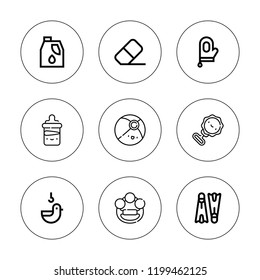 Rubber icon set. collection of 9 outline rubber icons with baby bottle, beach ball, duck, flippers, glove, eraser, plunger icons. editable icons.