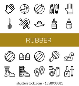 rubber icon set. Collection of Rubber gloves, Toilet brush, Duck, Inflatable boat, Beach ball, Pamela, Flippers, Dropper, Gloves, Baby bottle, Boot, Slippers, Rattle, Tires icons