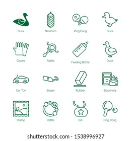 rubber icons. Editable 16 rubber icons. Included icons such as Duck, Newborn, Ping pong, Gloves, Rattle, Feeding bottle, Car toy, Eraser, Rubber. rubber trendy icons for web.