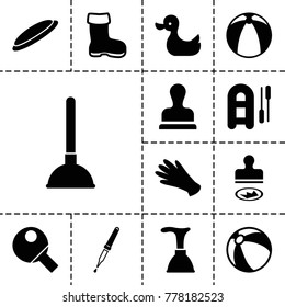 Rubber icons. set of 13 editable filled rubber icons such as boot, beach ball, gloves, plunger, inflatable boat, pipette, table tennis, stamp, duck, hockey puck