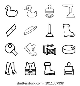 Rubber icons. set of 16 editable outline rubber icons such as stamp, duck, plunger, woman boots, boot, eraser, water hose, hockey puck, table tennis