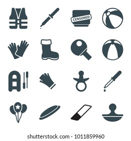 Rubber icons. set of 16 editable filled rubber icons such as boot, pacifier, beach ball, inflatable boat, gloves, pipette, censored, stamp, balloon, table tennis, life vest