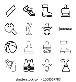 Rubber icons. set of 16 editable outline rubber icons such as stamp, pacifier, beach ball, plunger, boot, eraser, table tennis, life vest, woman boots, gloves