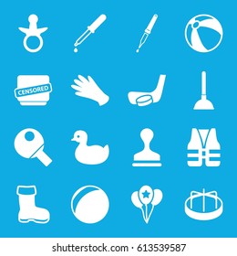 Rubber icons set. set of 16 rubber filled icons such as boot, pacifier, duck, beach ball, child playground carousel, gloves, plunger, stamp, pipette, censored, balloon