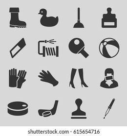 Rubber icons set. set of 16 rubber filled icons such as stamp, duck, beach ball, glove, gloves, plunger, woman boots, water hose, boot, censored woman, pipette, hockey puck