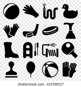 Rubber icons set. set of 16 rubber filled icons such as duck, beach ball, glove, gloves, plunger, boot, stamp, water hose, balloon, hockey stick and puck, table tennis