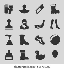 Rubber icons set. set of 16 rubber filled icons such as boot, stamp, duck, glove, plunger, woman boots, censored woman, balloon, hockey stick and puck, eraser
