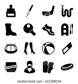 Rubber icons set. set of 16 rubber filled icons such as stamp, beach ball, child playground carousel, glove, woman boots, boot, water hose, censored woman, censored, pipette