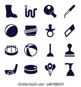 Rubber icons set. set of 16 rubber filled icons such as pacifier, beach ball, child playground carousel, plunger, boot, stamp, water hose, pipette, censored, balloon