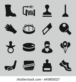 Rubber icons set. set of 16 rubber filled icons such as stamp, pacifier, child playground carousel, gloves, plunger, boot, water hose, censored woman, censored, balloon