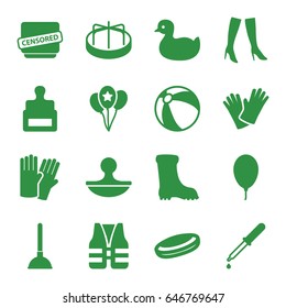 Rubber icons set. set of 16 rubber filled icons such as stamp, duck, beach ball, child playground carousel, glove, plunger, woman boots, boot, gloves, pipette, censored