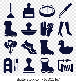Rubber icons set. set of 16 rubber filled icons such as boot, stamp, duck, child playground carousel, glove, plunger, woman boots, water hose, pipette, balloon