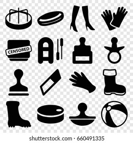 Rubber icons set. set of 16 rubber filled icons such as boot, stamp, pacifier, beach ball, child playground carousel, gloves, woman boots, censored, hockey puck