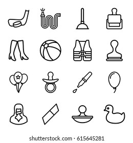 Rubber icons set. set of 16 rubber outline icons such as stamp, pacifier, duck, beach ball, plunger, woman boots, water hose, censored woman, pipette, balloon, life vest