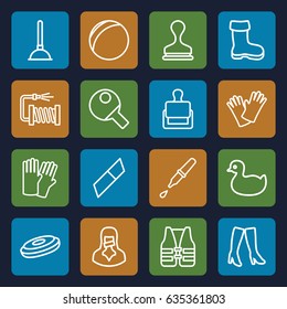 Rubber icons set. set of 16 rubber outline icons such as stamp, boot, duck, glove, plunger, woman boots, water hose, gloves, censored woman, pipette, life vest, table tennis