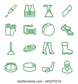 Rubber icons set. set of 16 rubber outline icons such as boot, child playground carousel, glove, plunger, woman boots, water hose, censored woman, pipette, life vest