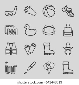 Rubber icons set. set of 16 rubber outline icons such as stamp, boot, pacifier, duck, beach ball, child playground carousel, gloves, water hose, pipette, balloon, life vest