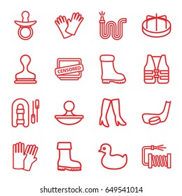 Rubber icons set. set of 16 rubber outline icons such as pacifier, duck, child playground carousel, glove, woman boots, boot, stamp, water hose, gloves, censored, life vest