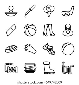 Rubber icons set. set of 16 rubber outline icons such as beach ball, gloves, woman boots, boot, water hose, pipette, censored woman, censored, stamp, balloon