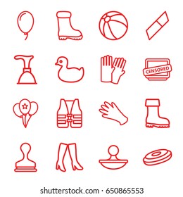 Rubber icons set. set of 16 rubber outline icons such as duck, beach ball, glove, gloves, plunger, woman boots, boot, stamp, censored, balloon, life vest, eraser