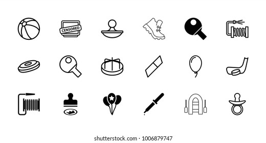 Rubber icons. set of 18 editable filled and outline rubber icons: balloon, table tennis, pacifier, beach ball, child playground carousel, eraser, hockey puck, water hose